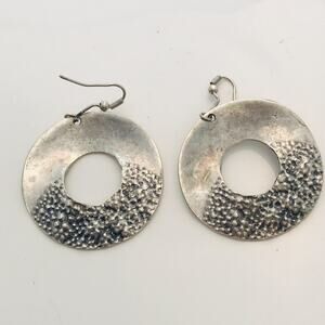 Vintage Hammered Silver Tone Circle Hoop Earrings - Modernist Disc Dangles- Boho